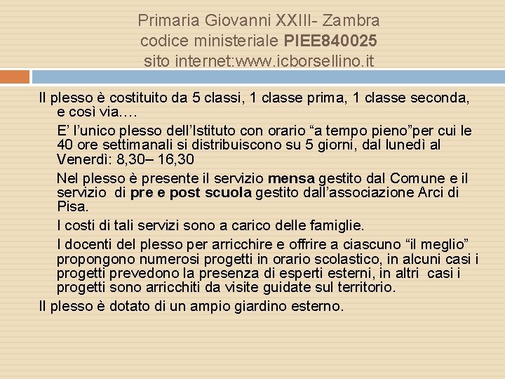 Primaria Giovanni XXIII- Zambra codice ministeriale PIEE 840025 sito internet: www. icborsellino. it Il