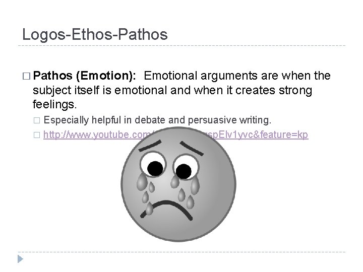 Logos-Ethos-Pathos � Pathos (Emotion): Emotional arguments are when the subject itself is emotional and