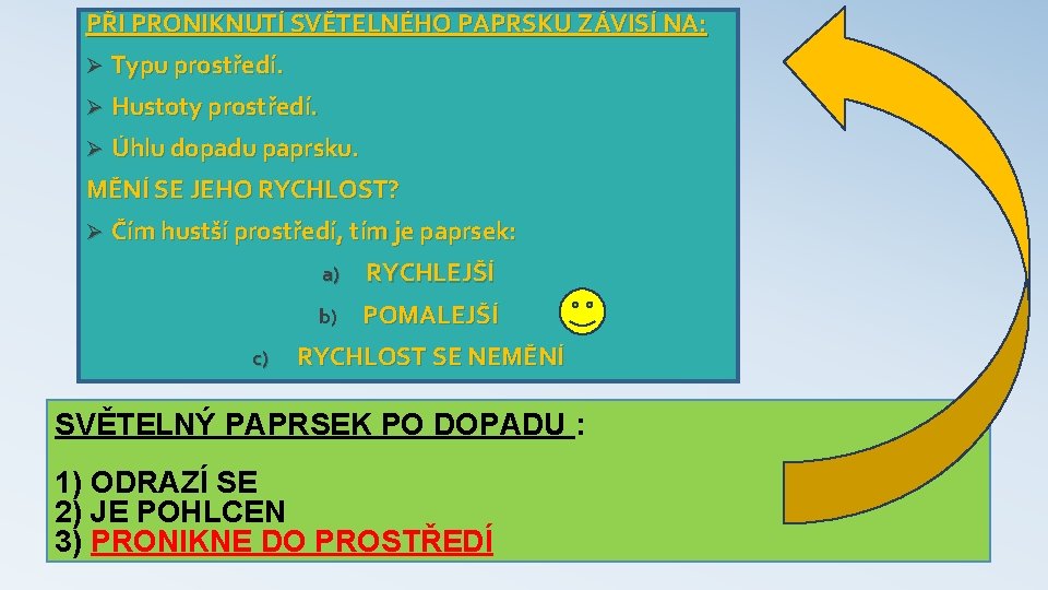 PŘI PRONIKNUTÍ SVĚTELNÉHO PAPRSKU ZÁVISÍ NA: Ø Typu prostředí. Ø Hustoty prostředí. Ø Úhlu