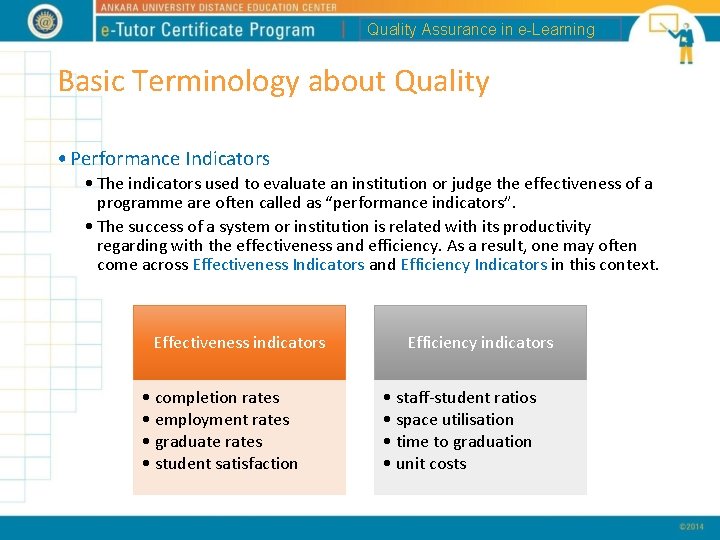 Quality Assurance in e-Learning Basic Terminology about Quality • Performance Indicators • The indicators