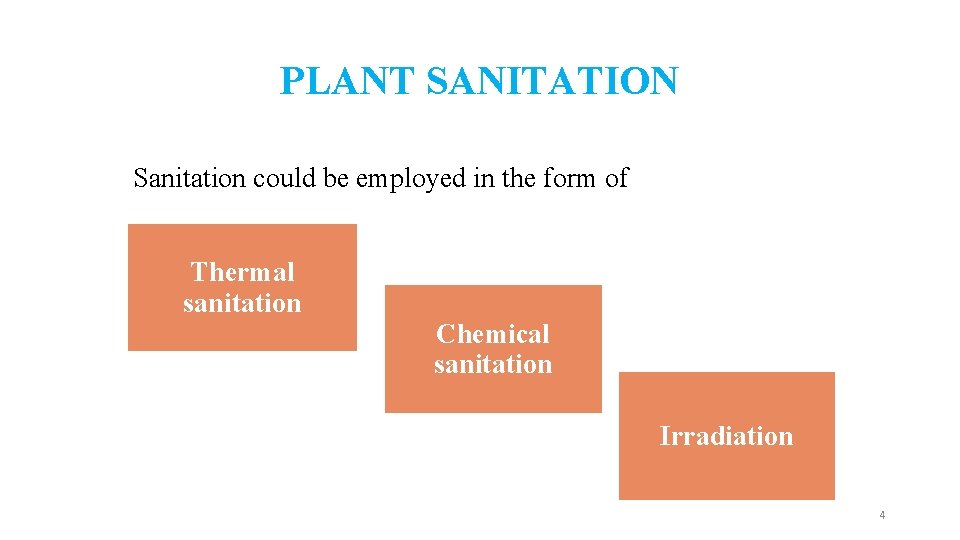 PLANT SANITATION Sanitation could be employed in the form of Thermal sanitation Chemical sanitation