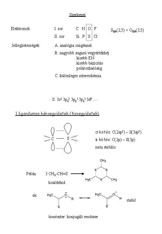 Szerkezet Elektronok Jellegzetességek I. sor C N O F II. sor Si P S