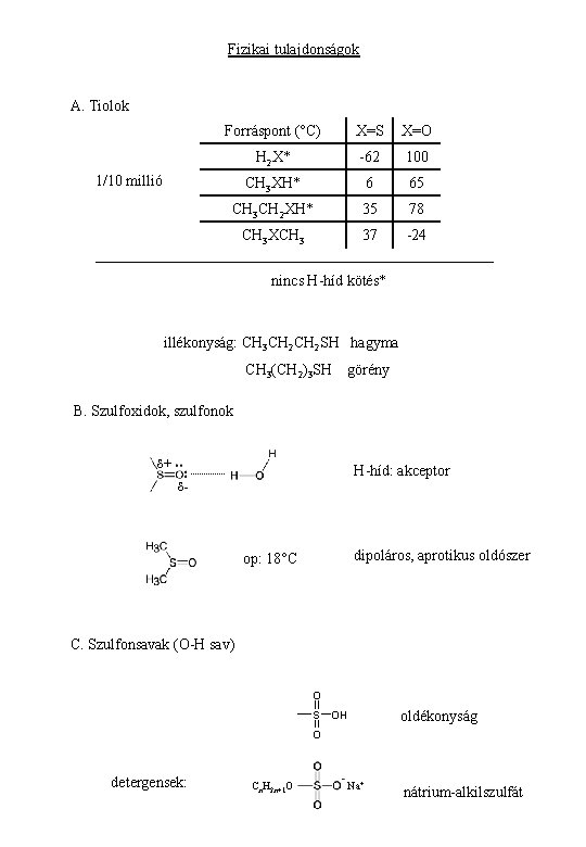 Fizikai tulajdonságok A. Tiolok Forráspont (°C) X=S X=O H 2 X* -62 100 CH