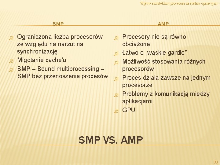 Wpływ architektury procesora na system operacyjny SMP AMP Ograniczona liczba procesorów ze względu na