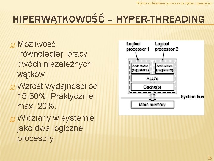 Wpływ architektury procesora na system operacyjny HIPERWĄTKOWOŚĆ – HYPER-THREADING Możliwość „równoległej” pracy dwóch niezależnych