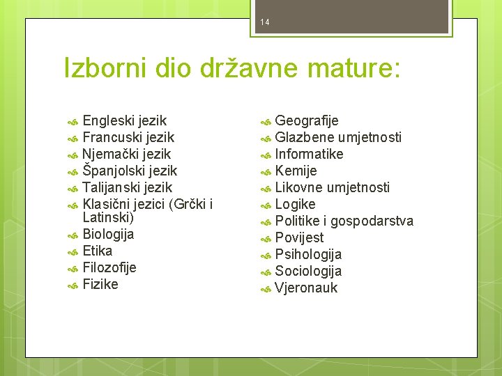 14 Izborni dio državne mature: Engleski jezik Francuski jezik Njemački jezik Španjolski jezik Talijanski 14 Izborni dio državne mature: Engleski jezik Francuski jezik Njemački jezik Španjolski jezik Talijanski