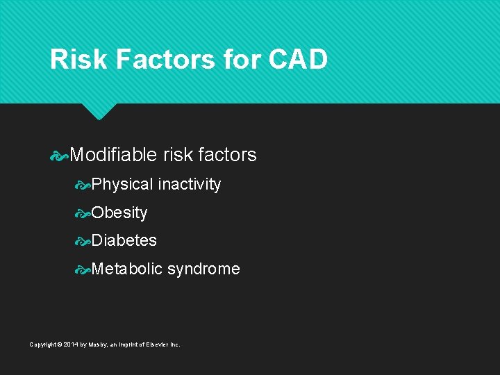 Risk Factors for CAD Modifiable risk factors Physical inactivity Obesity Diabetes Metabolic syndrome Copyright