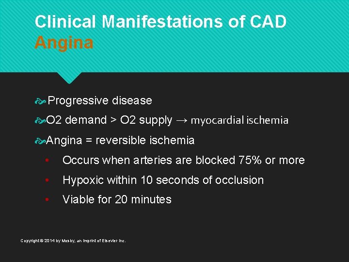 Clinical Manifestations of CAD Angina Progressive disease O 2 demand > O 2 supply