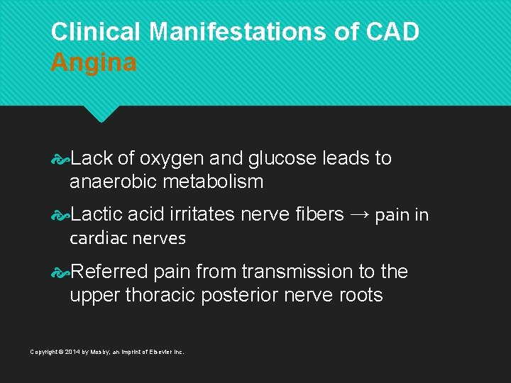 Clinical Manifestations of CAD Angina Lack of oxygen and glucose leads to anaerobic metabolism
