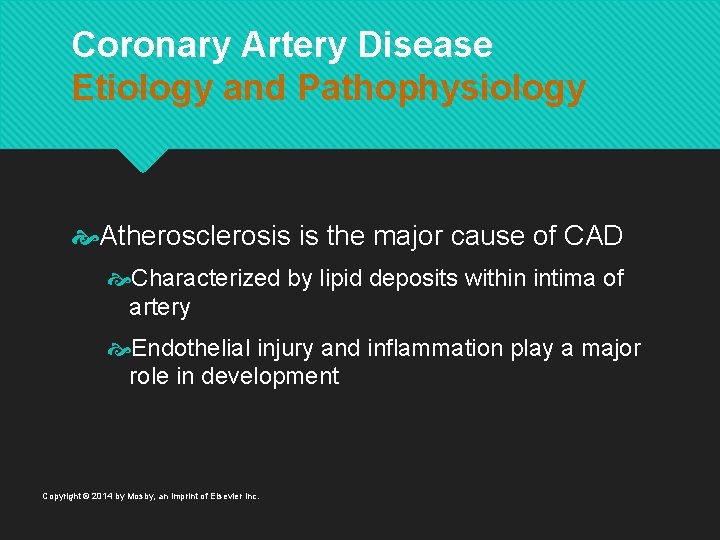 Coronary Artery Disease Etiology and Pathophysiology Atherosclerosis is the major cause of CAD Characterized