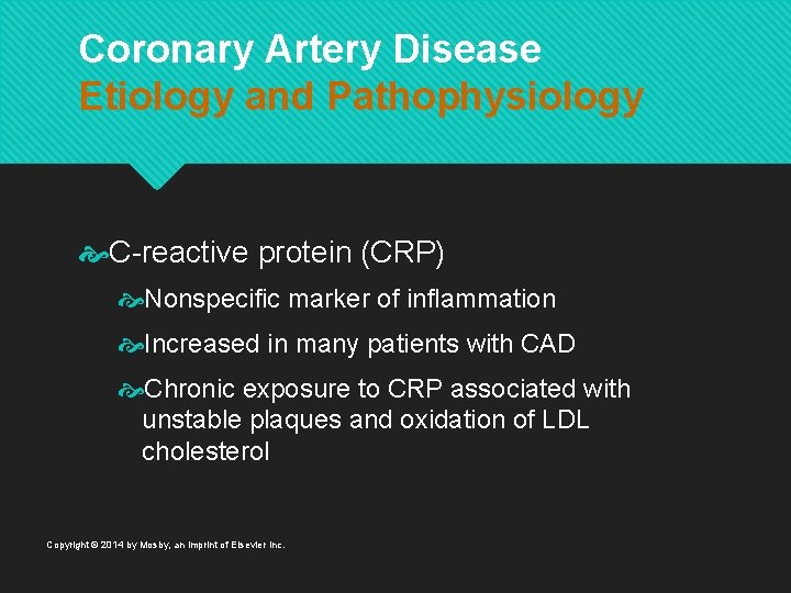 Coronary Artery Disease Etiology and Pathophysiology C-reactive protein (CRP) Nonspecific marker of inflammation Increased