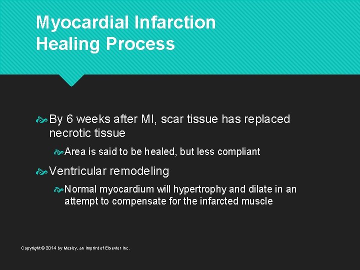 Myocardial Infarction Healing Process By 6 weeks after MI, scar tissue has replaced necrotic