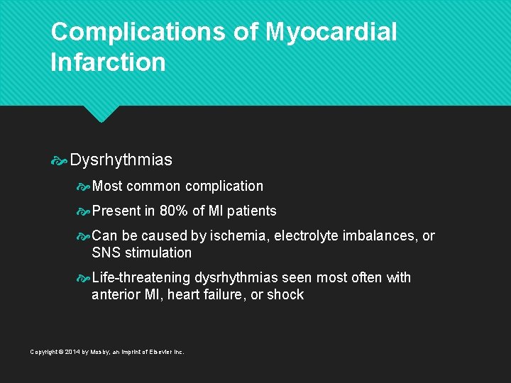 Complications of Myocardial Infarction Dysrhythmias Most common complication Present in 80% of MI patients