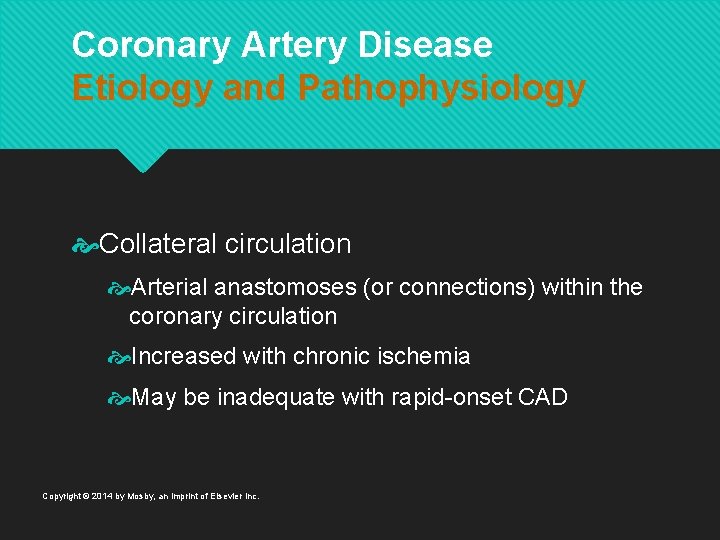 Coronary Artery Disease Etiology and Pathophysiology Collateral circulation Arterial anastomoses (or connections) within the