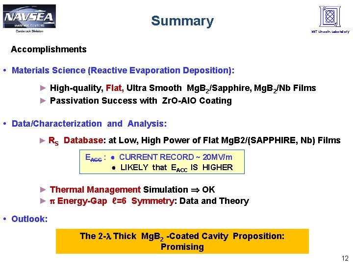 Summary MIT Lincoln Laboratory Accomplishments • Materials Science (Reactive Evaporation Deposition): ► High-quality, Flat,