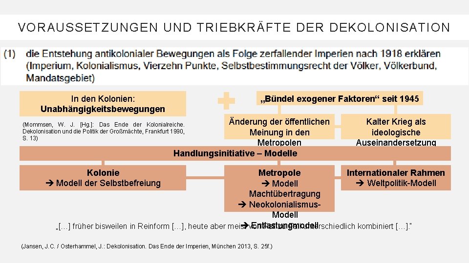 VORAUSSETZUNGEN UND TRIEBKRÄFTE DER DEKOLONISATION In den Kolonien: Unabhängigkeitsbewegungen „Bündel exogener Faktoren“ seit 1945