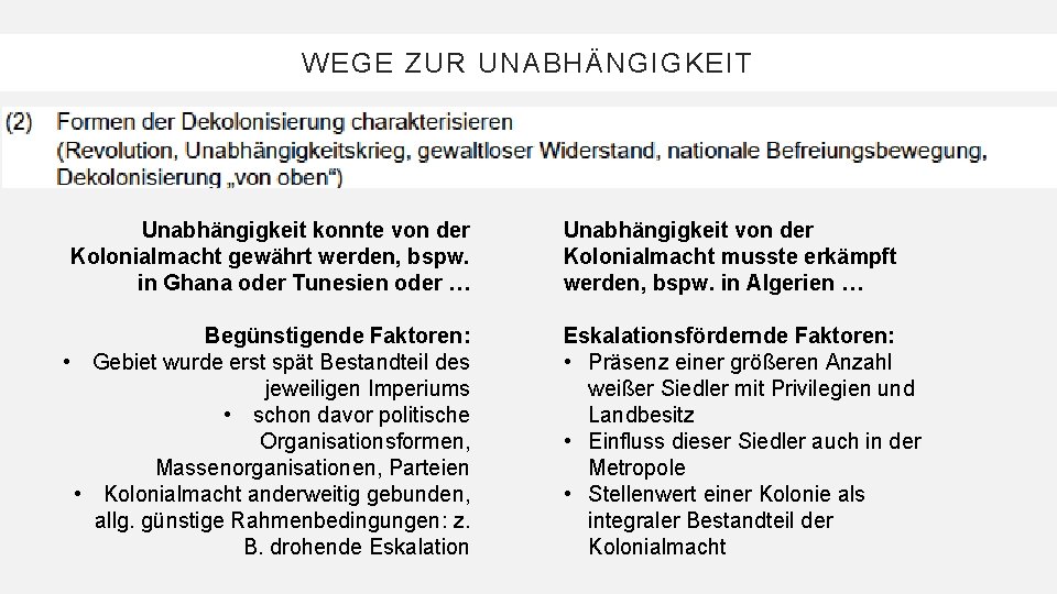 WEGE ZUR UNABHÄNGIGKEIT Unabhängigkeit konnte von der Kolonialmacht gewährt werden, bspw. in Ghana oder