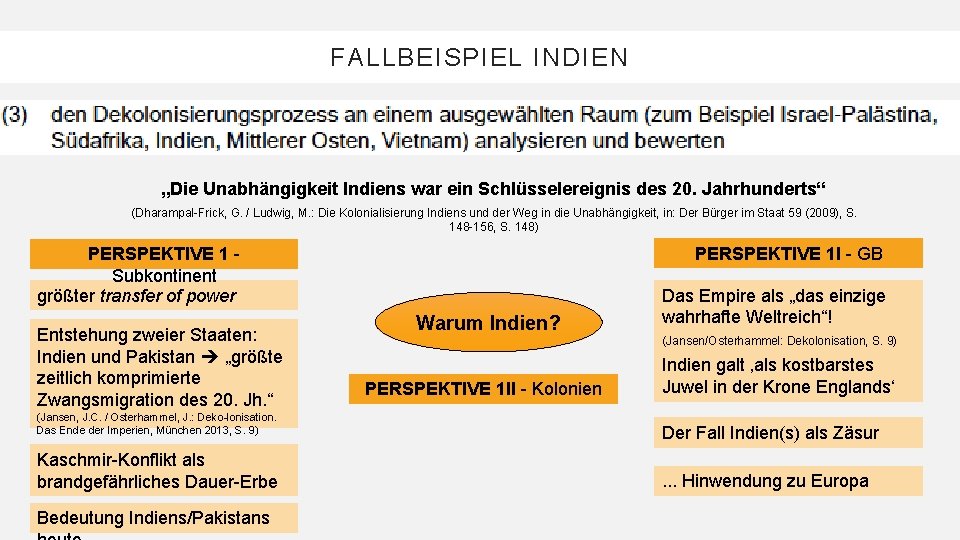 FALLBEISPIEL INDIEN „Die Unabhängigkeit Indiens war ein Schlüsselereignis des 20. Jahrhunderts“ (Dharampal-Frick, G. /