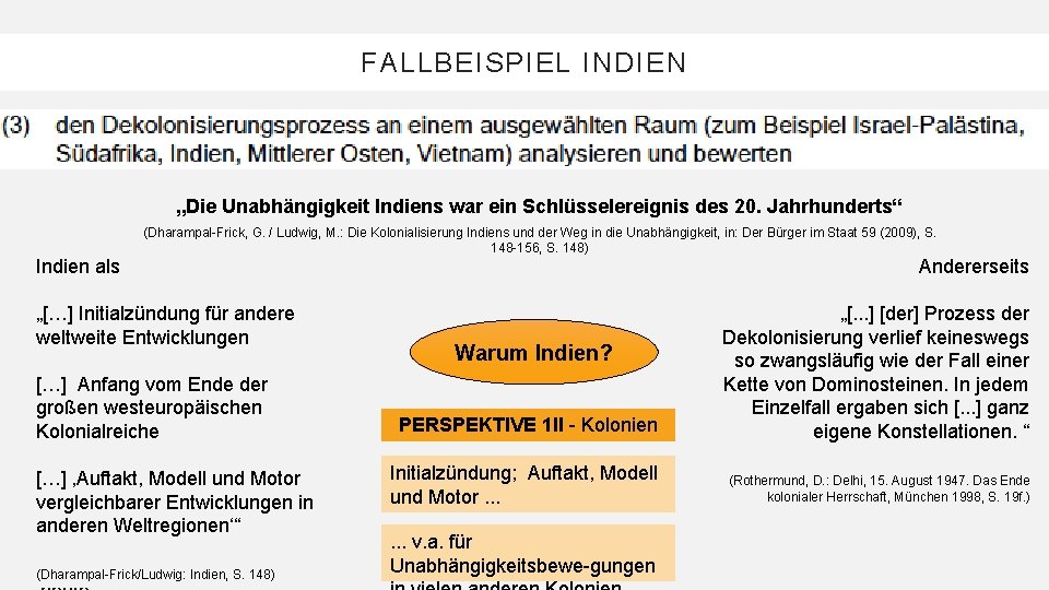 FALLBEISPIEL INDIEN „Die Unabhängigkeit Indiens war ein Schlüsselereignis des 20. Jahrhunderts“ (Dharampal-Frick, G. /