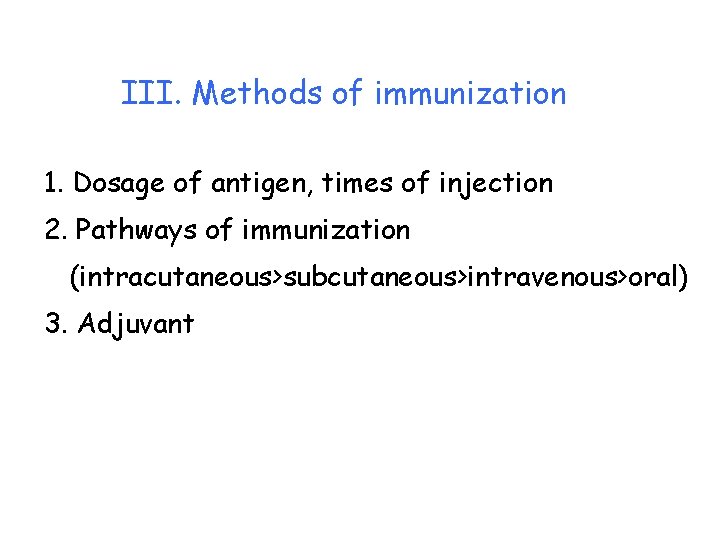 III. Methods of immunization 1. Dosage of antigen, times of injection 2. Pathways of