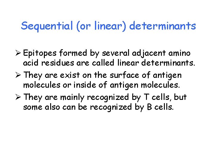 Sequential (or linear) determinants Ø Epitopes formed by several adjacent amino acid residues are