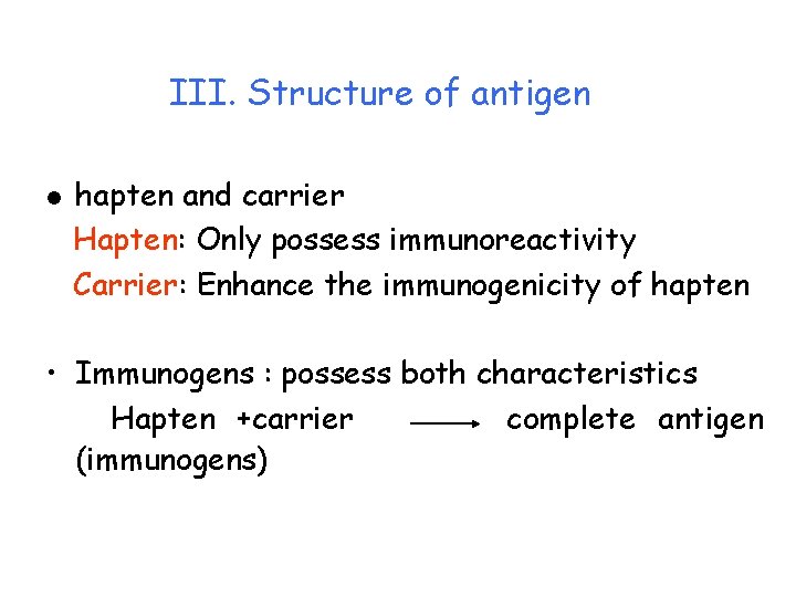 III. Structure of antigen l hapten and carrier Hapten: Only possess immunoreactivity Carrier: Enhance