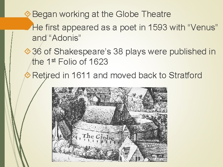  Began working at the Globe Theatre He first appeared as a poet in