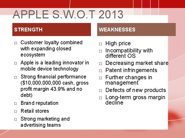 APPLE S. W. O. T 2013 STRENGTH Customer loyalty combined with expanding closed ecosystem