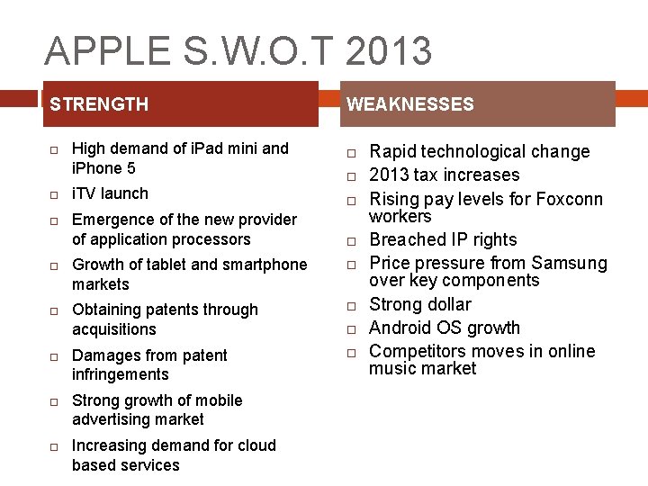 APPLE S. W. O. T 2013 STRENGTH High demand of i. Pad mini and
