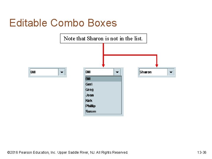 Editable Combo Boxes Note that Sharon is not in the list. © 2016 Pearson