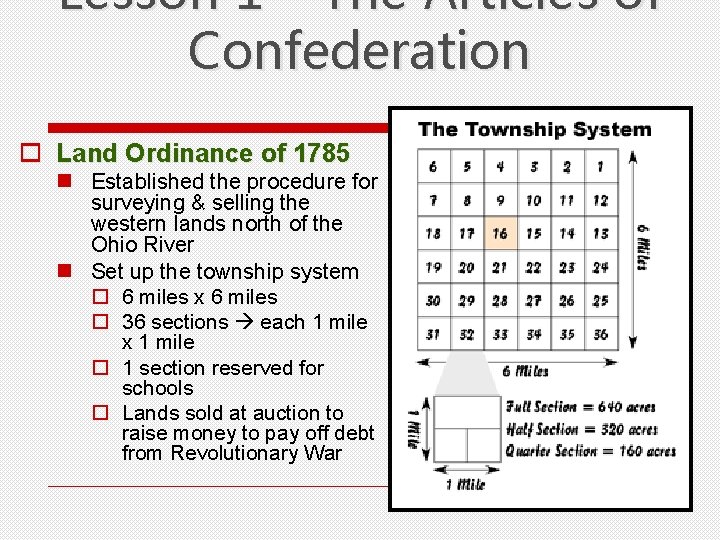 Lesson 1 – The Articles of Confederation o Land Ordinance of 1785 n Established