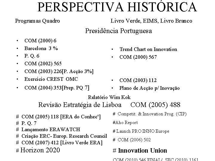 PERSPECTIVA HISTÓRICA Programas Quadro Livro Verde, EIMS, Livro Branco Presidência Portuguesa • • •