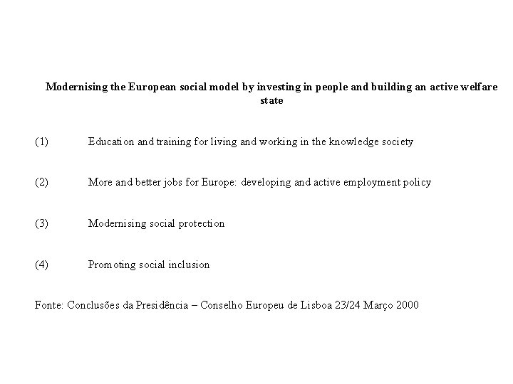 Modernising the European social model by investing in people and building an active welfare