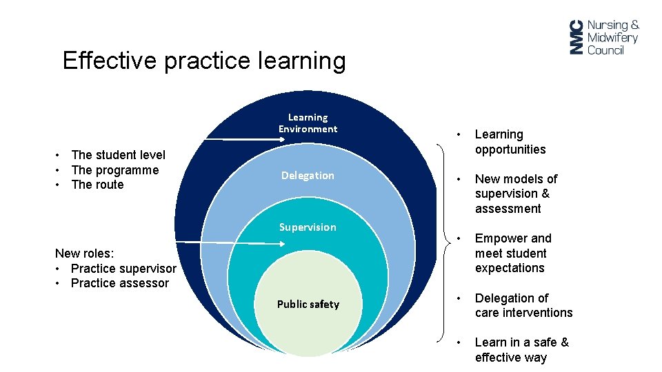 Effective practice learning Learning Environment • The student level • The programme • The