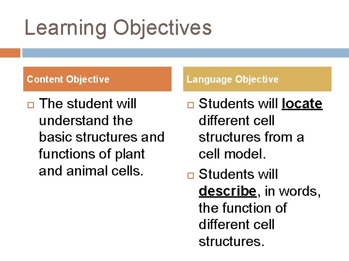 Learning Objectives Content Objective The student will understand the basic structures and functions of