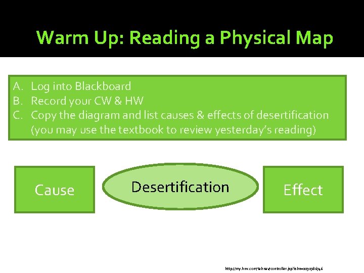 Warm Up: Reading a Physical Map A. Log into Blackboard B. Record your CW