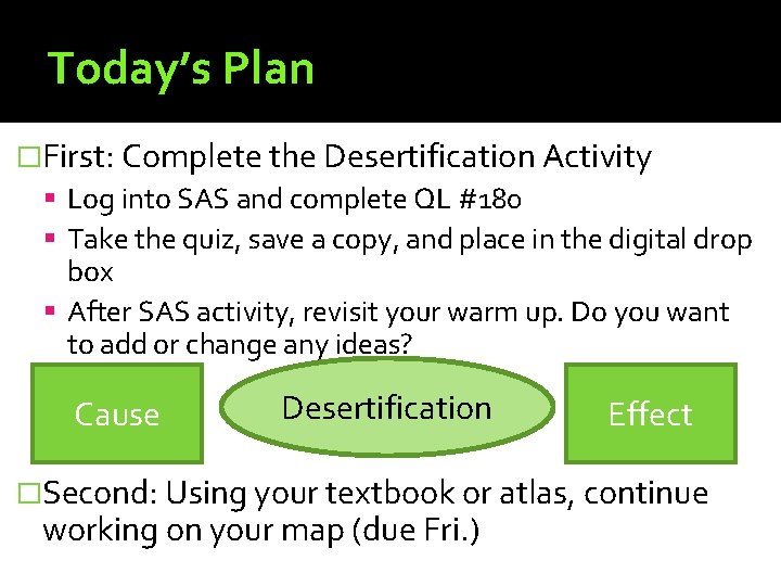 Today’s Plan �First: Complete the Desertification Activity Log into SAS and complete QL #180