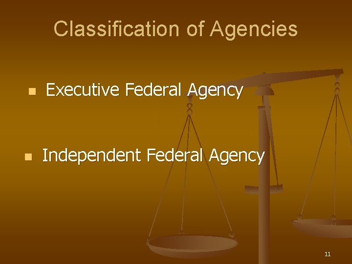 Classification of Agencies n n Executive Federal Agency Independent Federal Agency 11 