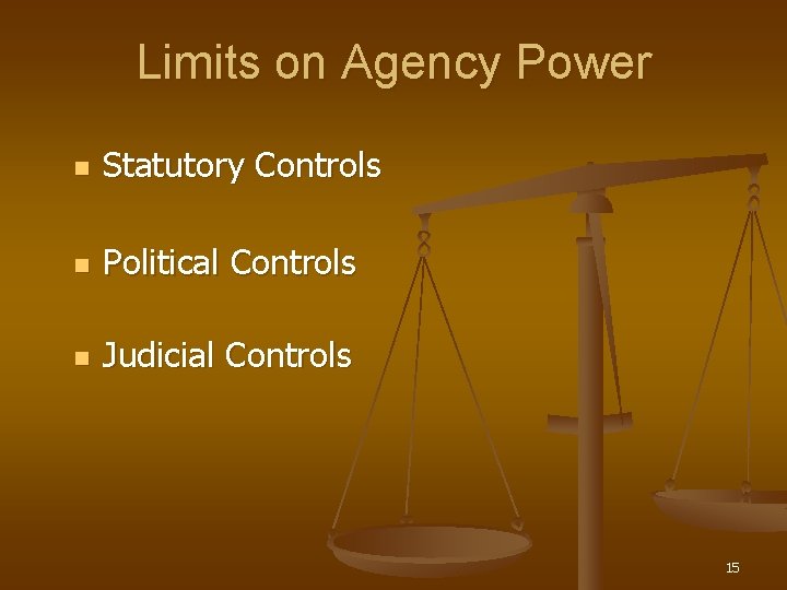 Limits on Agency Power n Statutory Controls n Political Controls n Judicial Controls 15