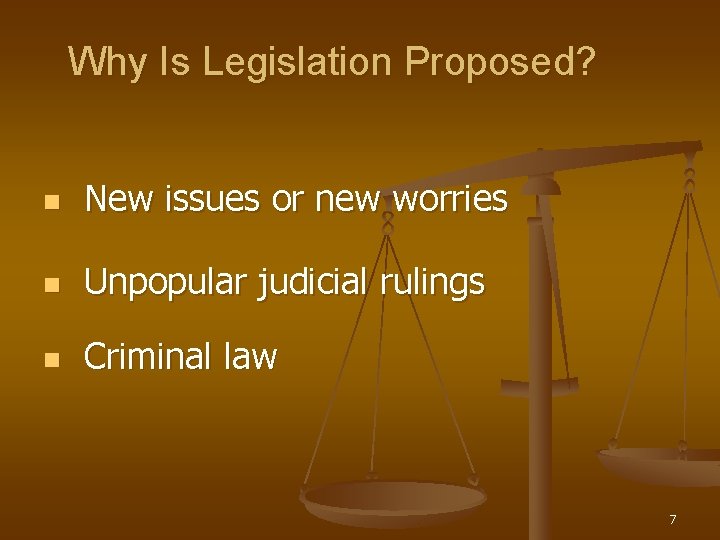 Why Is Legislation Proposed? n New issues or new worries n Unpopular judicial rulings