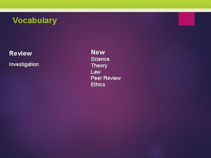 Vocabulary Review Investigation New Science Theory Law Peer Review Ethics 