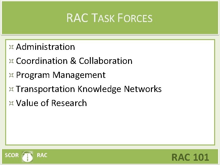 RAC TASK FORCES Administration Coordination & Collaboration Program Management Transportation Knowledge Networks Value of