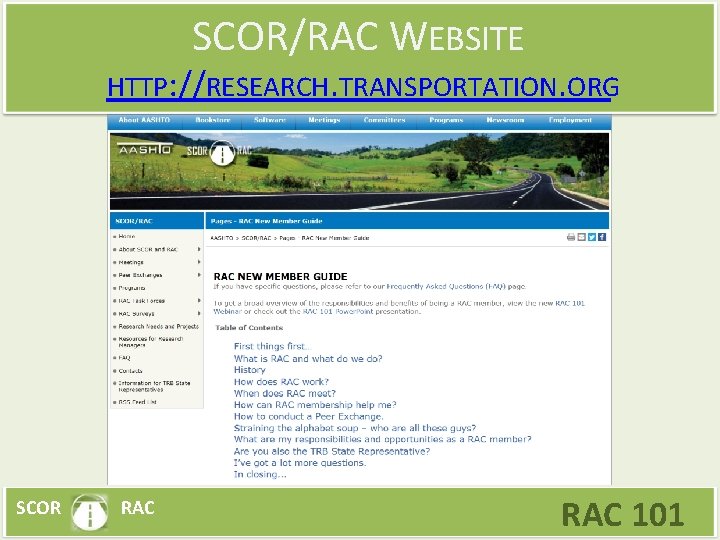 SCOR/RAC WEBSITE HTTP: //RESEARCH. TRANSPORTATION. ORG SCOR RAC 101 