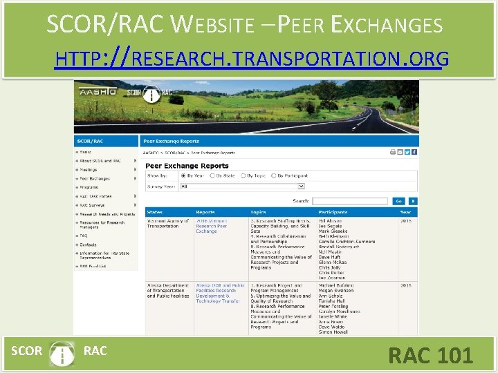 SCOR/RAC WEBSITE – PEER EXCHANGES HTTP: //RESEARCH. TRANSPORTATION. ORG SCOR RAC 101 