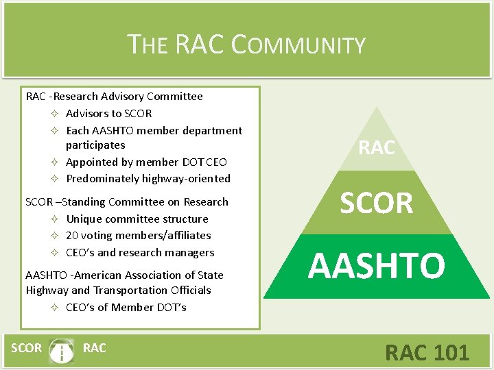 THE RAC COMMUNITY RAC -Research Advisory Committee Advisors to SCOR Each AASHTO member department