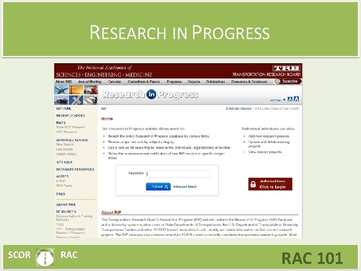 RESEARCH IN PROGRESS SCOR RAC 101 