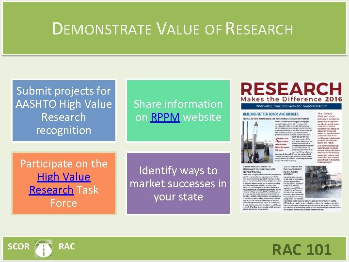 DEMONSTRATE VALUE OF RESEARCH Submit projects for AASHTO High Value Research recognition Share information