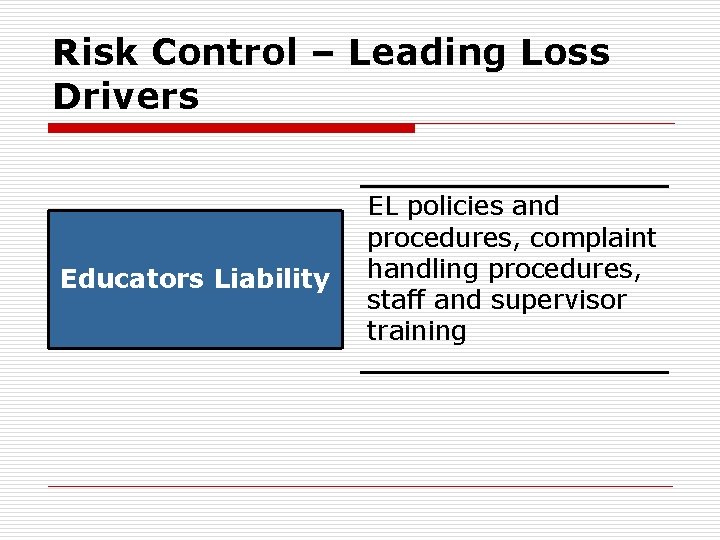 Risk Control – Leading Loss Drivers Educators Liability EL policies and procedures, complaint handling