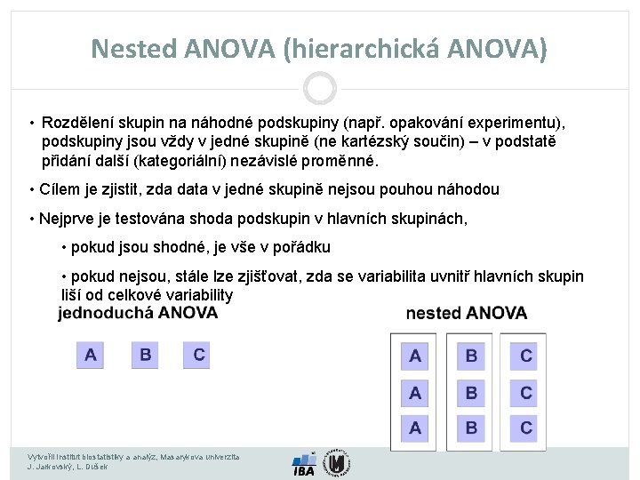 Nested ANOVA (hierarchická ANOVA) • Rozdělení skupin na náhodné podskupiny (např. opakování experimentu), podskupiny