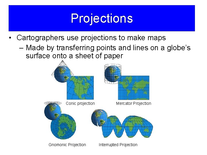 Projections • Cartographers use projections to make maps – Made by transferring points and